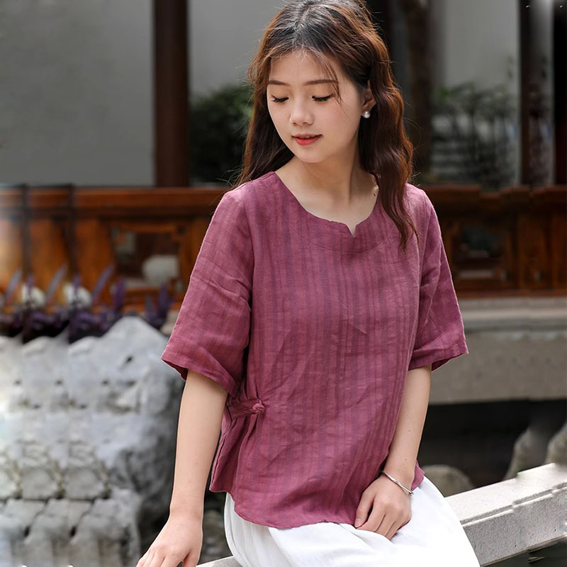 文艺亚麻条纹宽松短袖衬衫女夏季