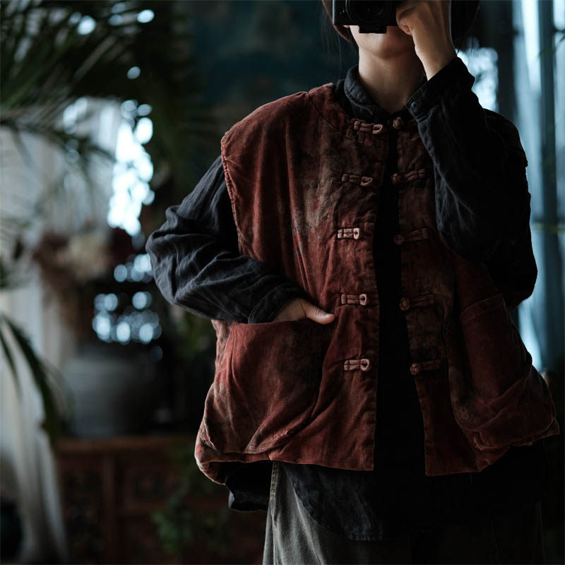 复古纯棉印花宽松夹棉马甲女秋冬