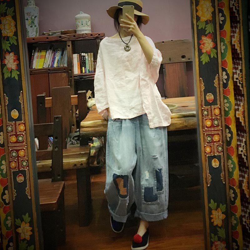 贴布宽松裤子纯棉牛仔裤女九分裤