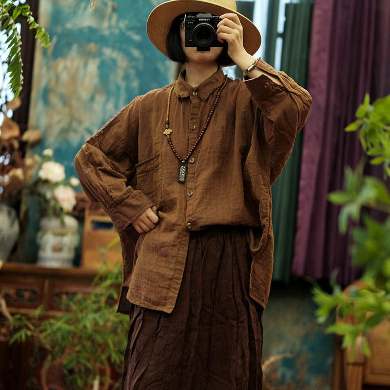 复古纯棉长袖大衬衫女夏秋宽松版