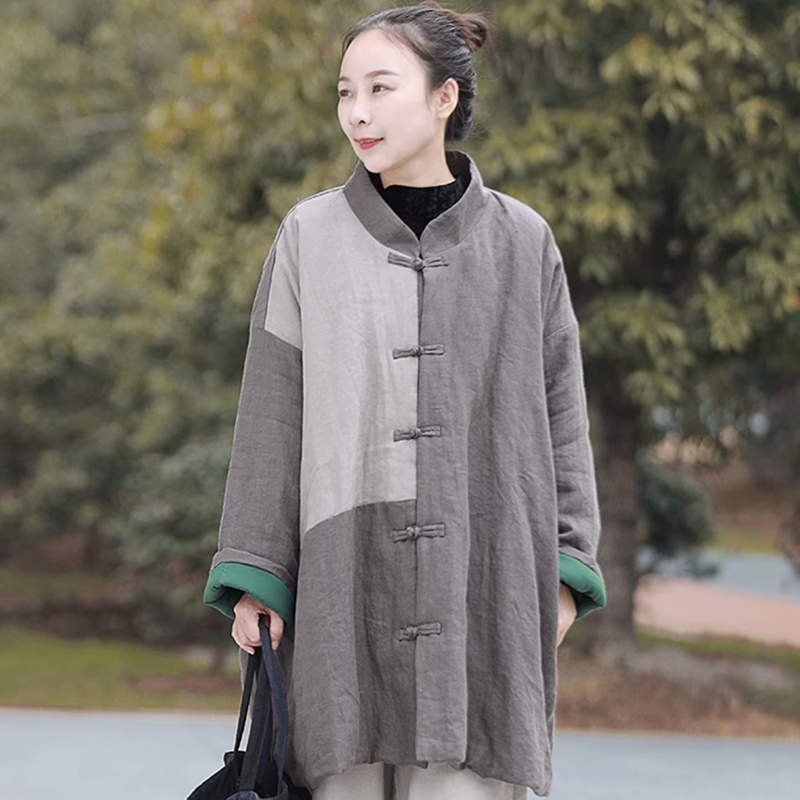 复古亚麻拼接宽松版棉衣女冬中式