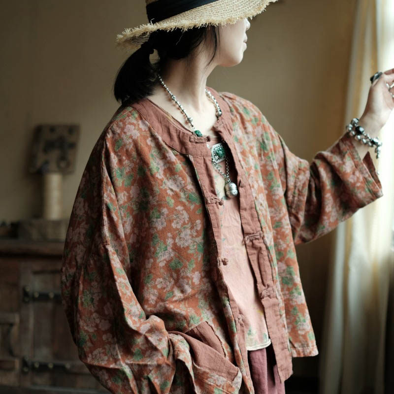 纯棉印花长袖衬衫女春夏宽松外套