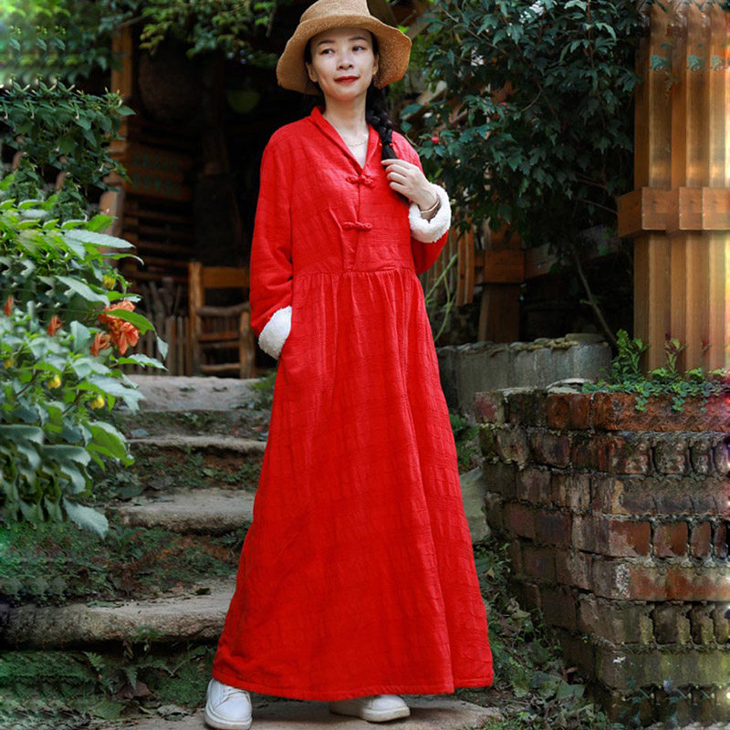 棉麻加绒红色连衣裙女 民族风复古系带显瘦 秋冬装加厚宽松长裙子
