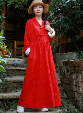 棉麻加绒红色连衣裙女 民族风复古系带显瘦 秋冬装加厚宽松长裙子