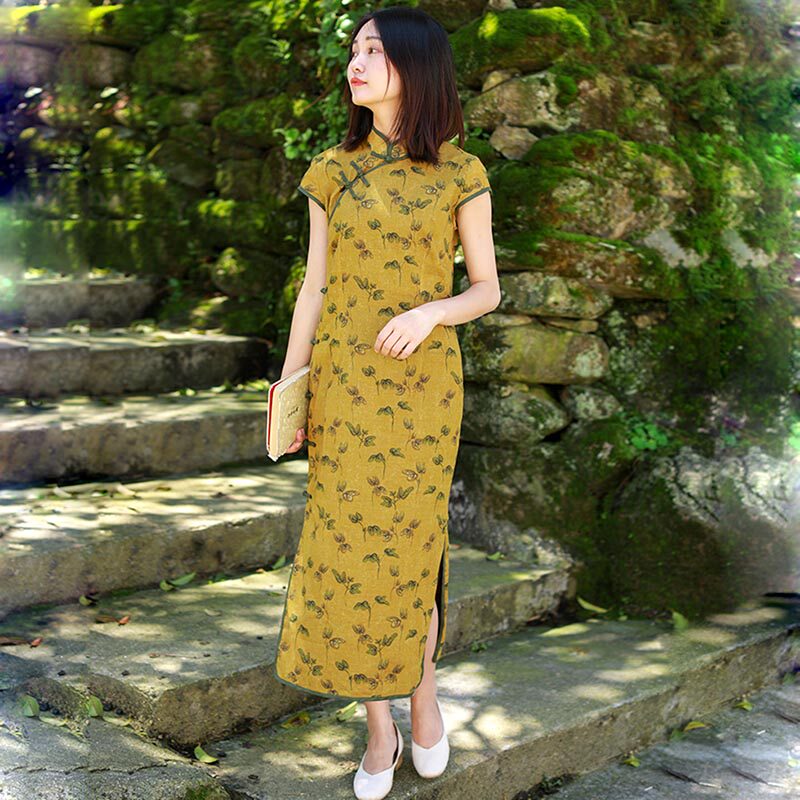 春夏季小碎花五分袖连衣裙女 复古盘扣长裙亚麻修身改良旗袍裙子