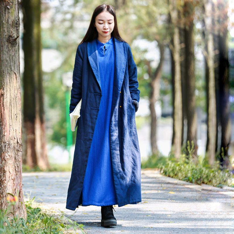 冬季加绒加厚蓝色风衣女 复古亚麻纯色宽松长款禅意保暖棉衣外套