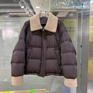 90白鸭绒羽绒服外套羊毛翻领短款 欧货女装 防寒保暖 新款 2025年冬装