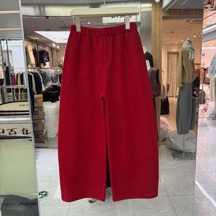 2025年冬装新款时尚休闲女装羊毛阔腿裤松紧腰宽松裤脚九分裤百搭