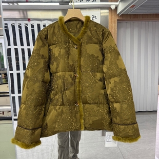 2025年冬装新款新中式女装鹅绒羽绒服外套香云纱提花水貂毛拼接潮