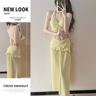 巴厘岛海边度假温泉游泳衣女bikini分体三件套百搭开叉辣妹泳装 女