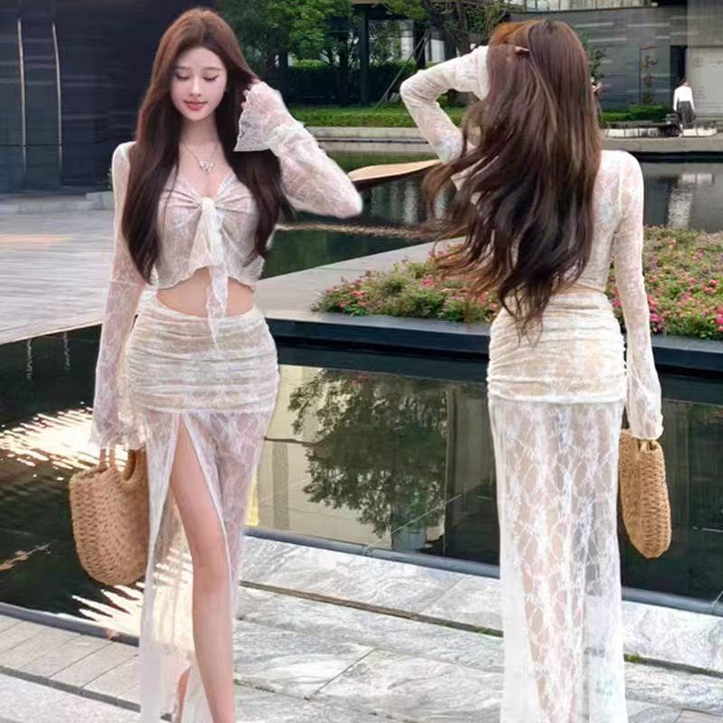 比基尼分体游泳衣女三件套纯欲风修身长袖长裙蕾丝甜美泳装泡温泉