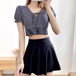 平角学生保守温泉泳装 泳衣女韩国ins风格 子少女显瘦遮肉分体裙式