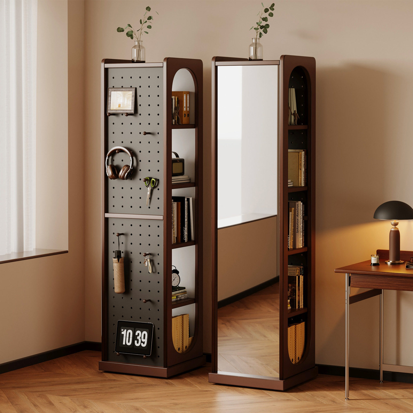 旋转穿衣柜镜子一体置物架家用卧室洞洞板三合一整理展示收纳架子