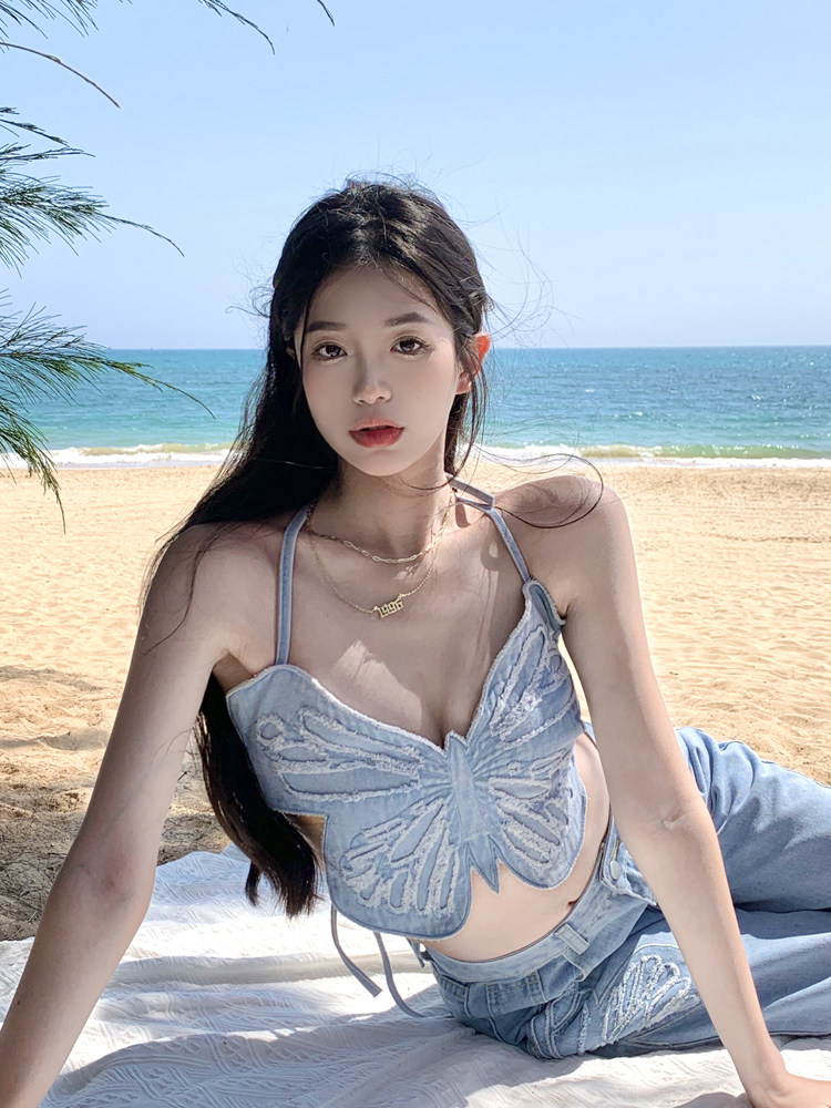 陈一一同款性感约会蝴蝶蓝色战衣挂脖刺绣吊带背心甜辣妹jazz上衣