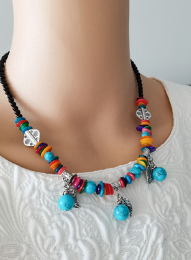 云南民族风红蓝色项链复古气质