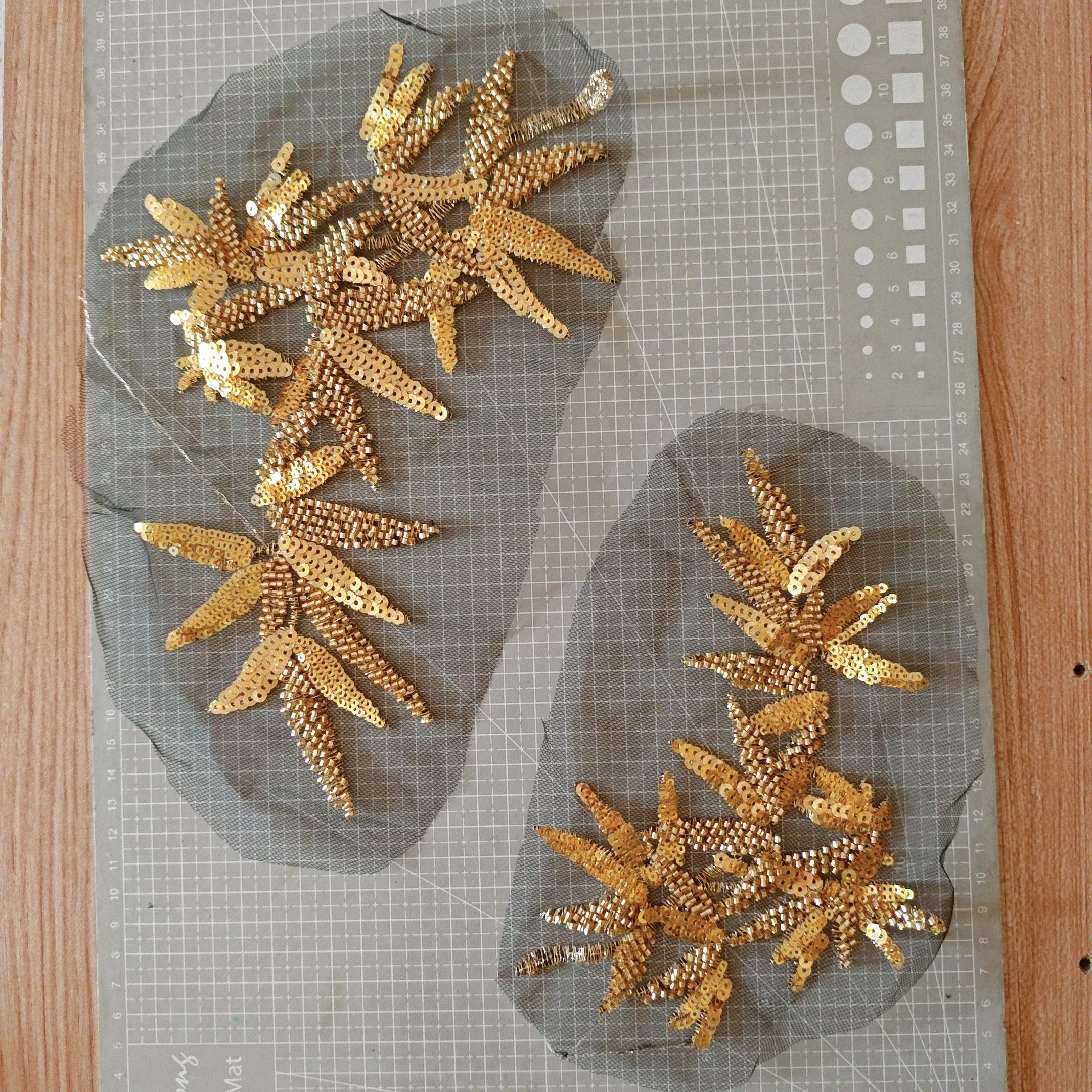 金色竹叶珠绣花贴 新娘婚纱礼服秀禾旗袍布贴 DIY新品上市