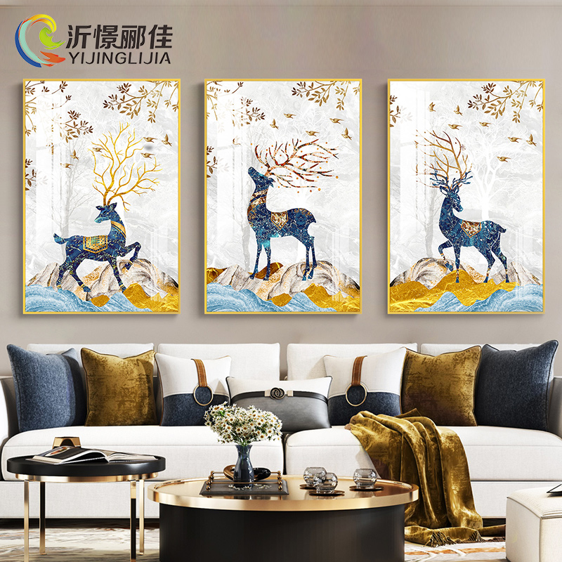 美式客厅装饰画现代简约轻奢壁画沙发背景墙挂画晶瓷三联福鹿墙画图片