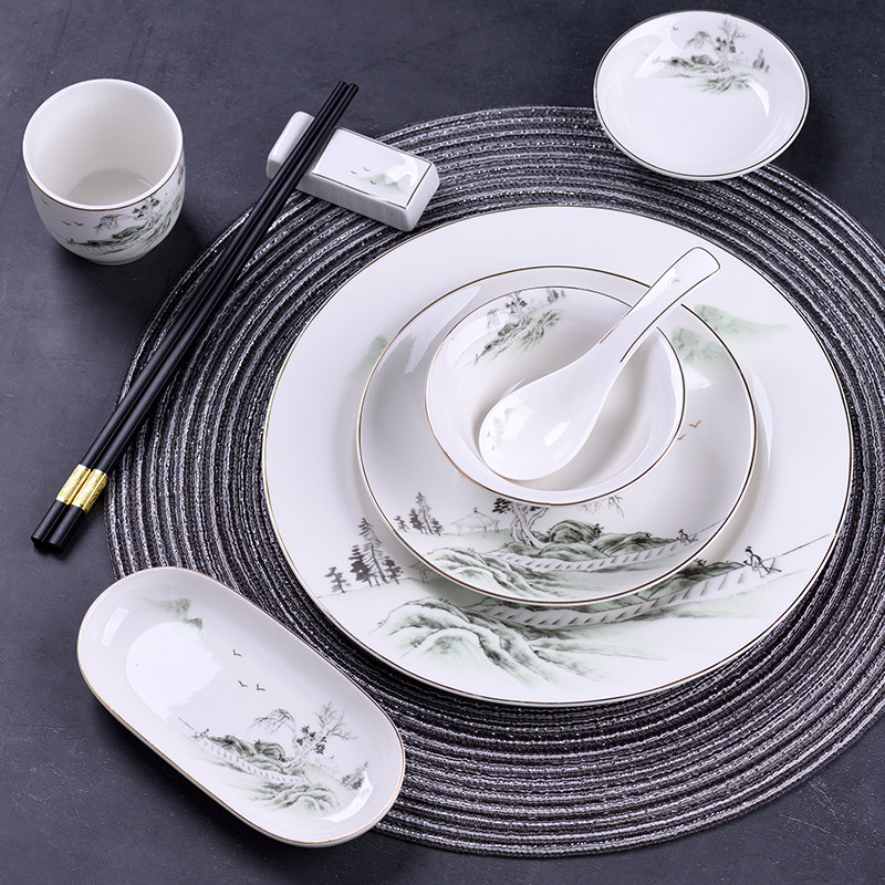 酒店餐具金线摆台四件套装新中式餐厅盘碗碟套装饭店摆台山水画