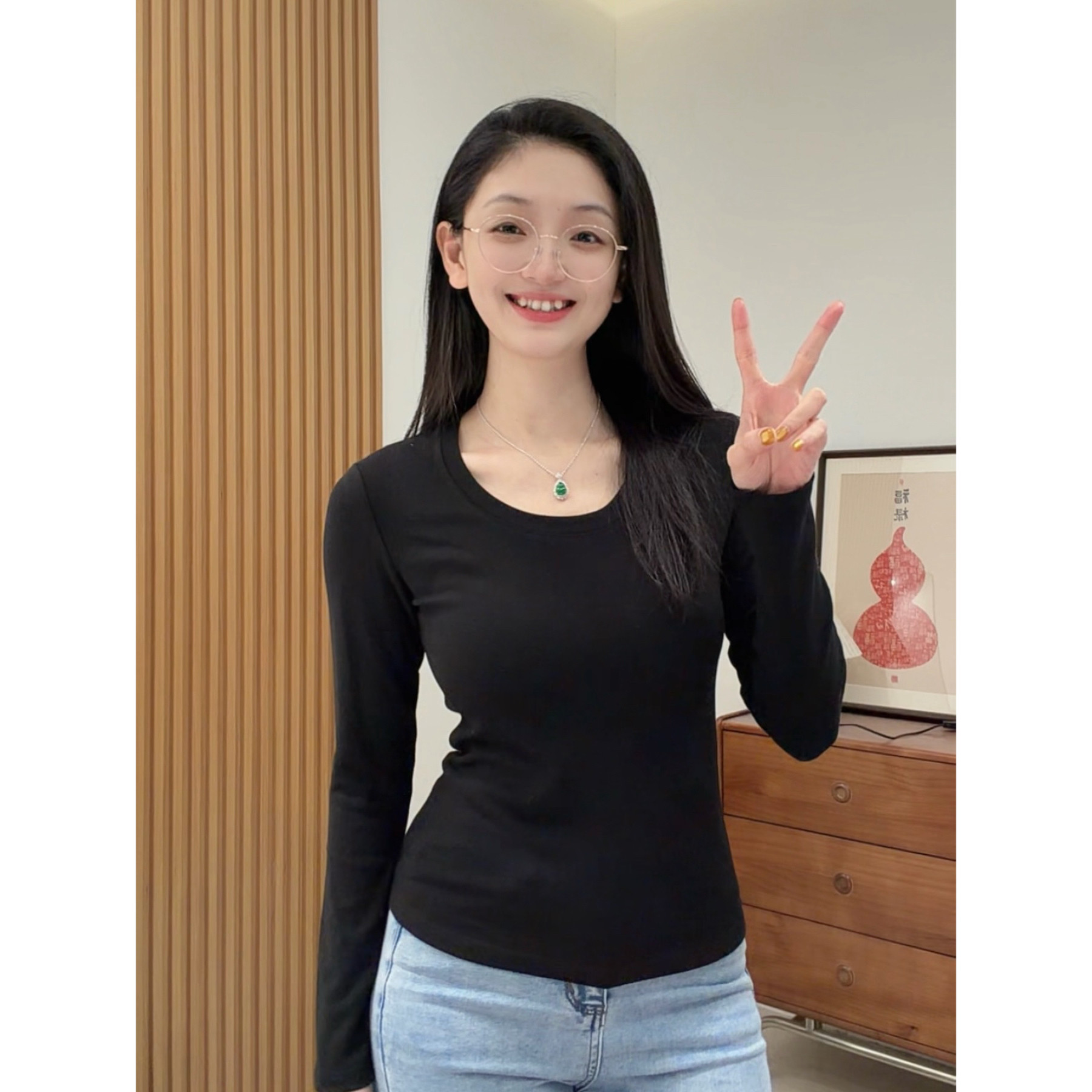 正肩U领长袖秋冬修身圆领打底衫
