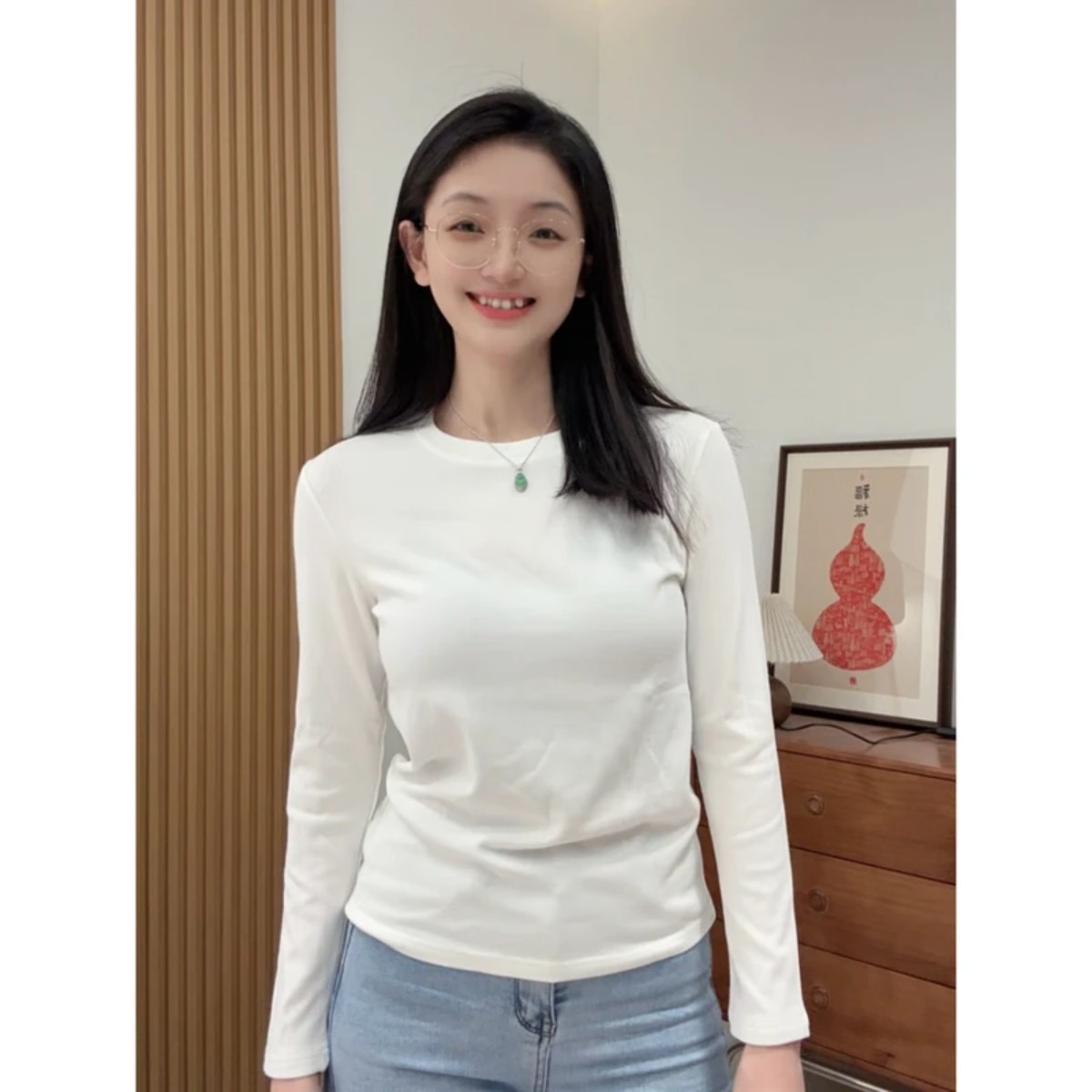 正肩长袖T恤女秋季新款修身打底