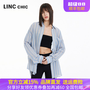 LINC金羽杰2024年春夏季 女S241SH187Y 轻透宽松落肩造型感条纹衬衫