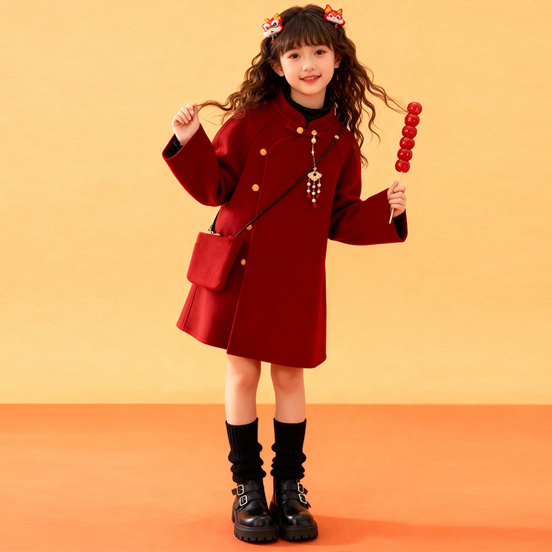 女童呢子外套拜年服秋冬2026新款洋气加厚红色大衣中国风喜庆唐装