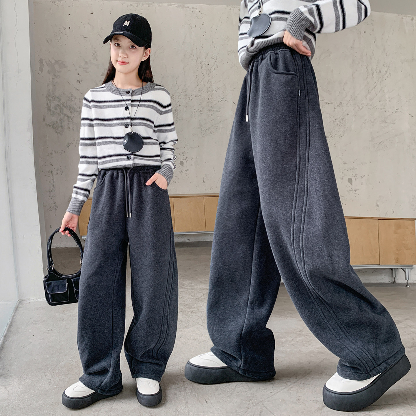 女童加绒裤子冬款2025新款中大儿童冬装加厚休闲直筒裤韩版运动裤