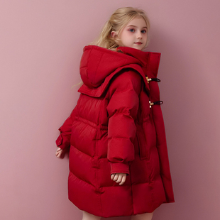 女童羽绒棉服冬季中大童本命年女孩棉衣红色喜庆年服加厚保暖棉袄