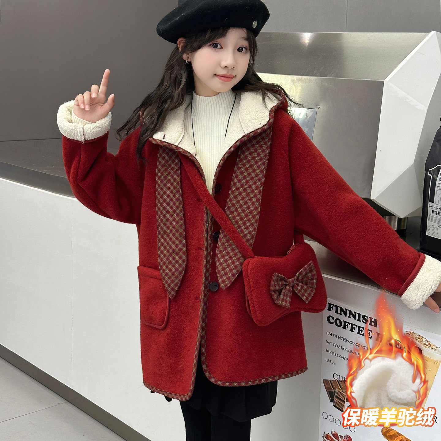 女童呢子大衣红色冬2025新款洋气中大童女孩加厚毛呢外套保暖冬装