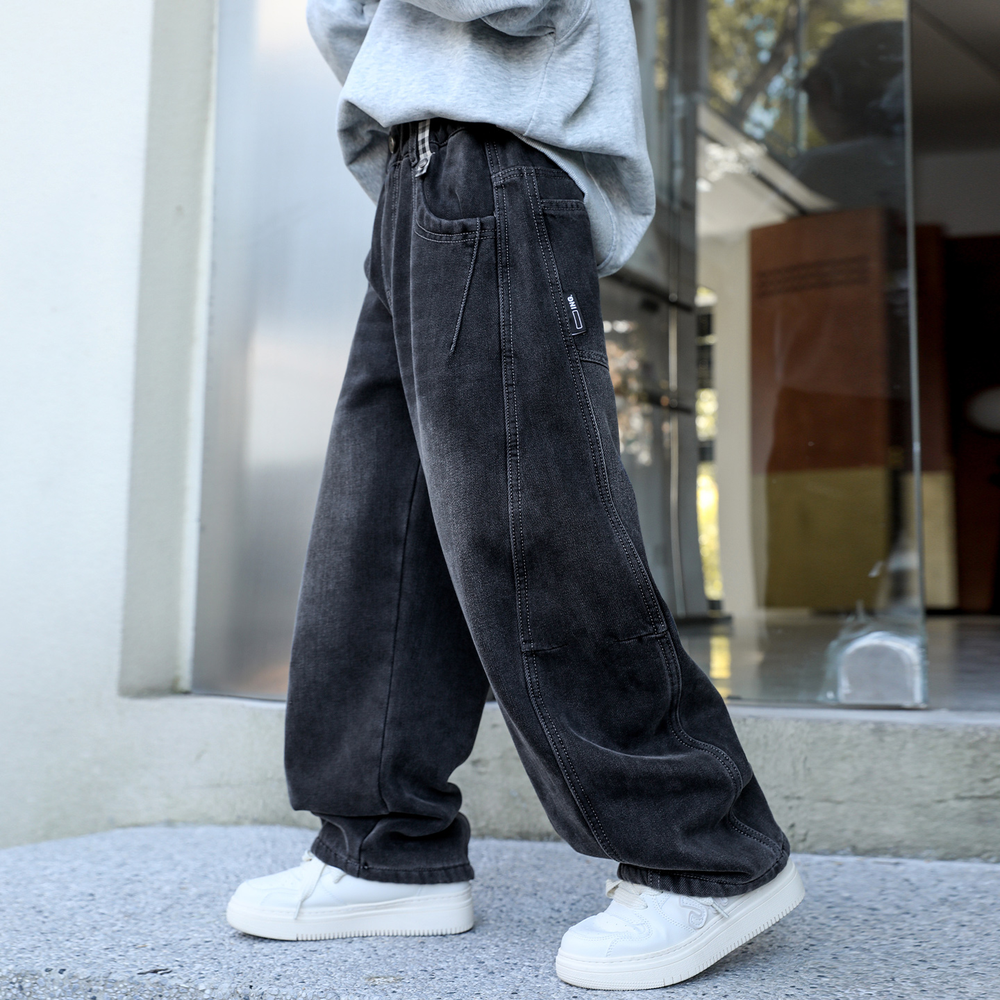 男童牛仔裤秋冬款加绒直筒长裤潮