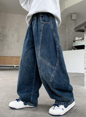 韩国潮男童宽松牛仔裤春秋款2025新款中大童胖童初中生休闲长裤秋