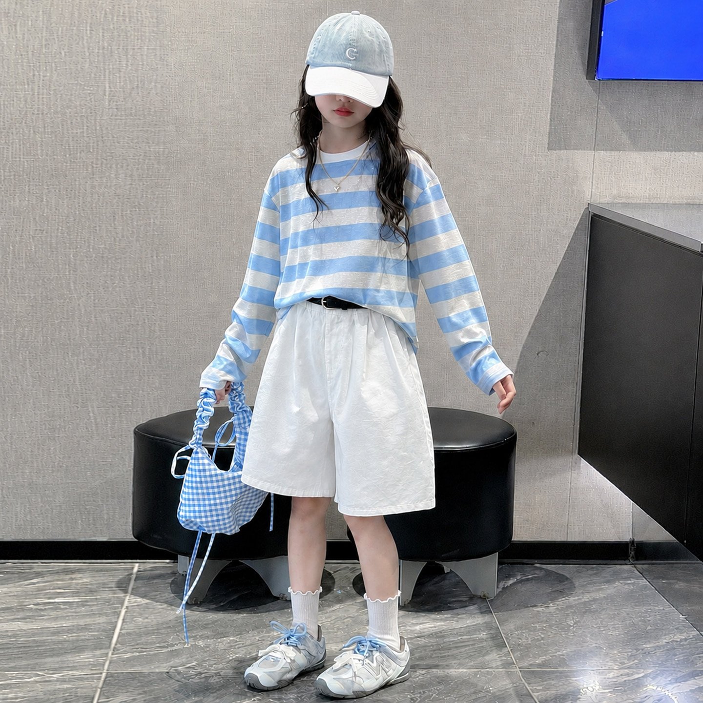 女童条纹防晒衫冰感薄款宽松夏季2026新款儿童白色短裤出游两件套