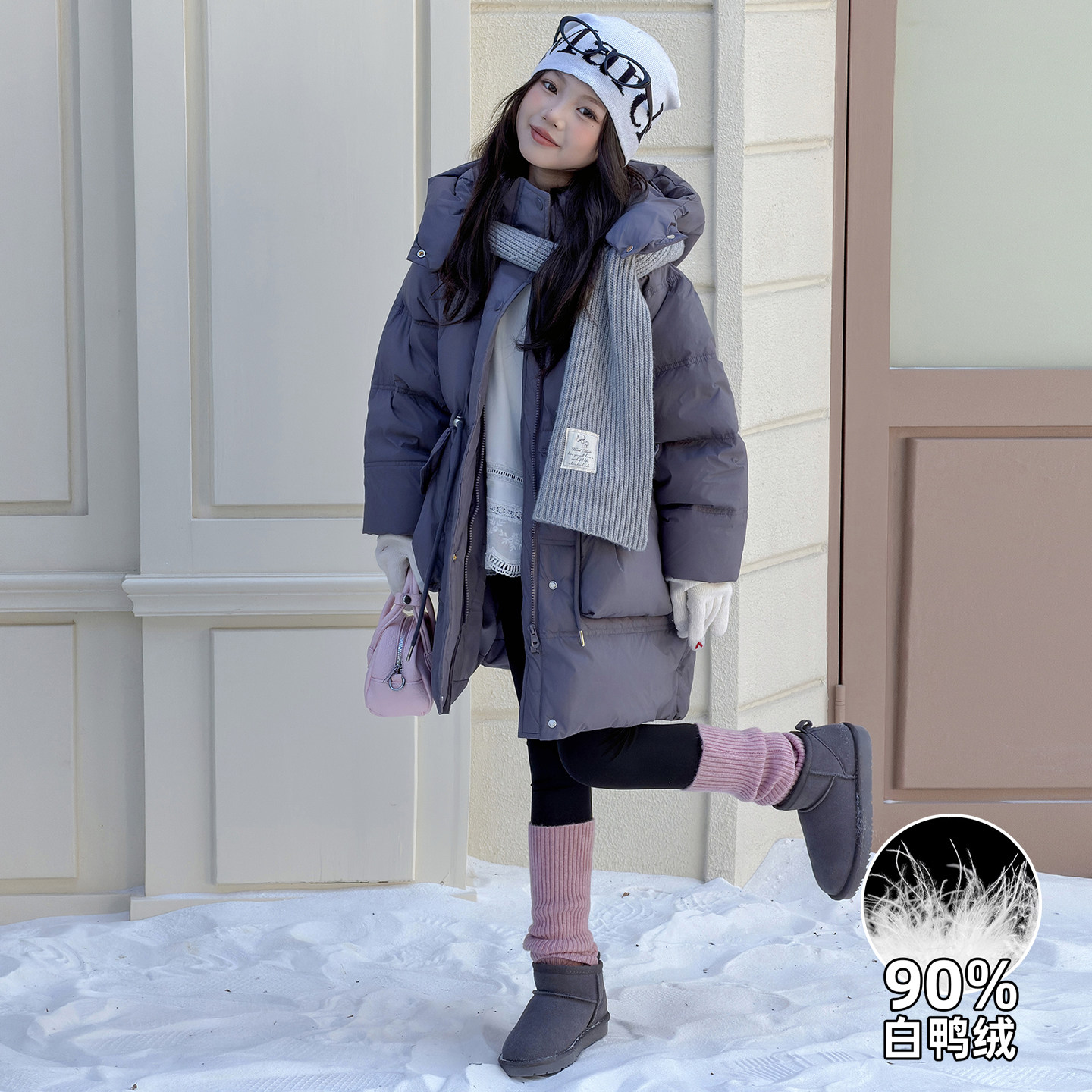 女童中长款羽绒服冬季加厚保暖2026新款儿童洋气白鸭绒连帽外套潮