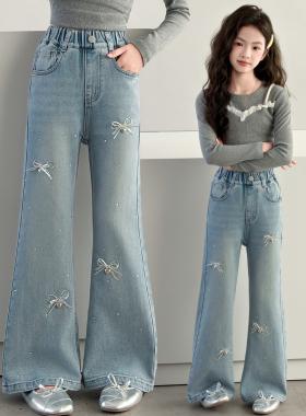 韩国女童牛仔裤春秋款2026新款中大童蝴蝶结喇叭裤女孩春装裤子潮