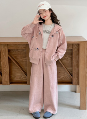 韩国女童套装春秋款2026新款中大童洋气休闲连帽卫衣卫裤两件套潮