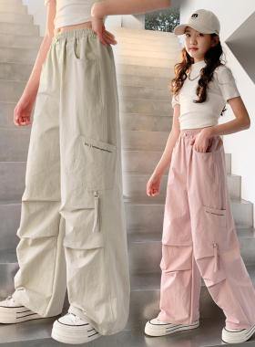 英国女童裤子夏季薄2025新款大儿童洋气时髦阔腿工装裤休闲防蚊裤