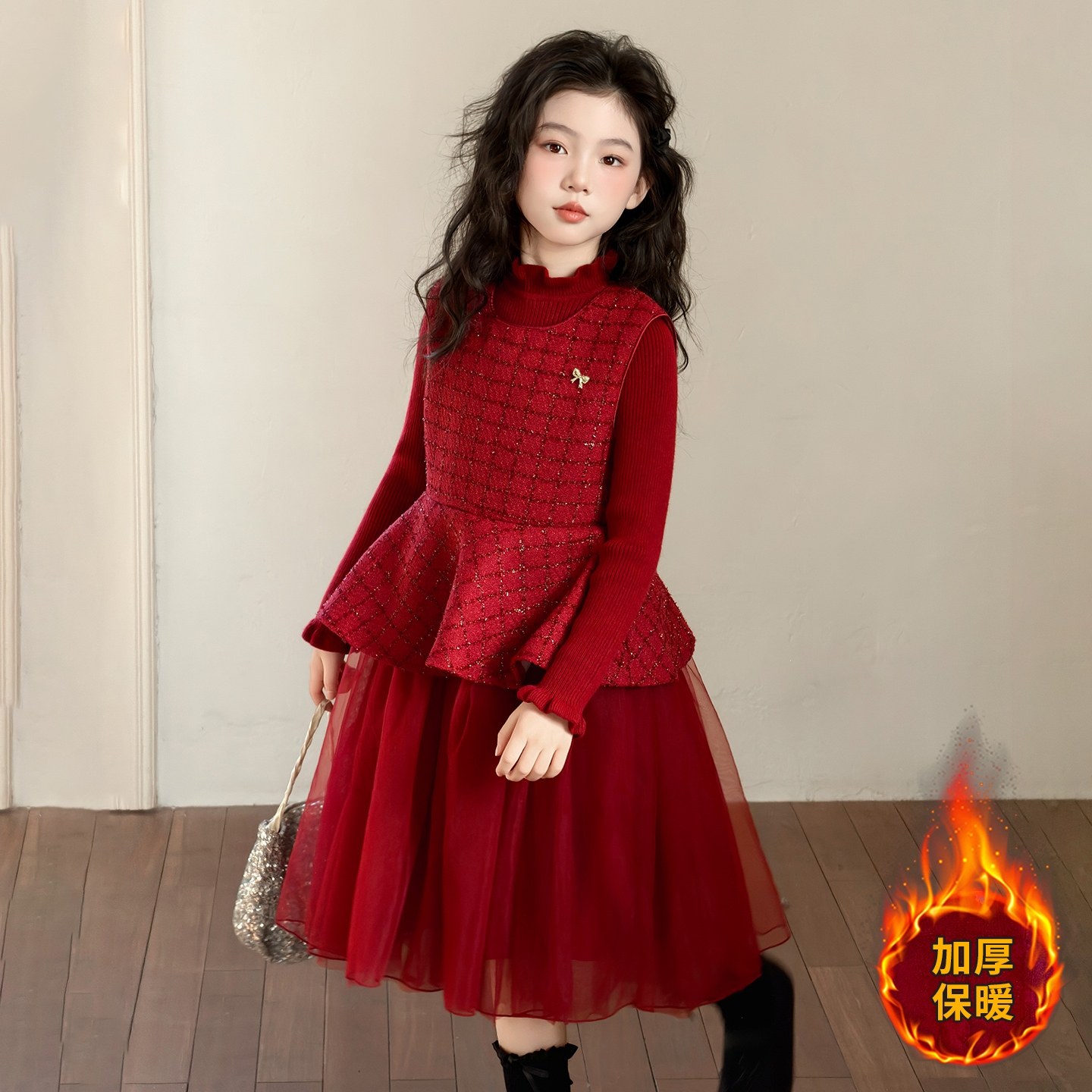 韩国女童连衣裙套装冬季2025新款儿童加厚打底衫洋气拜年服两件套