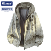 宽松百搭防风外套美式 DORA WASSUP皮衣夹克男女款 复古假两件连帽