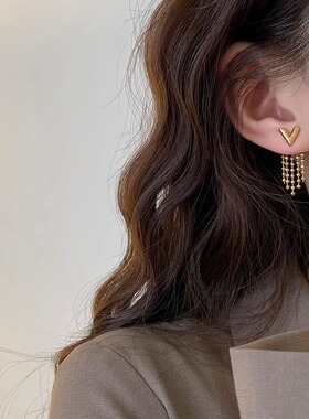 925银针高级感V字金色耳钉一款两戴气质耳环流苏耳线轻奢设计感女