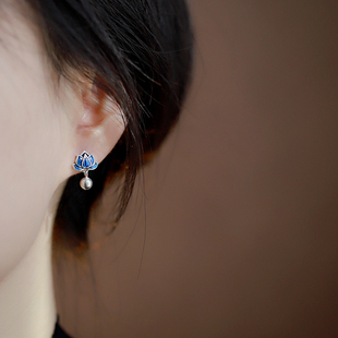 s925纯银莲花耳钉苗疆花朵耳环小众独特民族风蓝色耳饰女异域风情