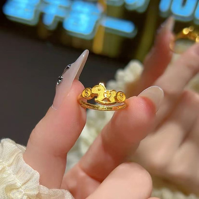爆闪黄金色马上有钱招财小马戒指女2026本命年旺财运钱币铜钱指环
