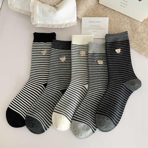 刺绣中筒袜纯棉防臭女条纹灰色系