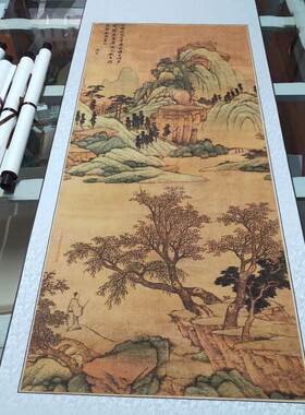 仿古青绿山水国画明沈周 青山红树图 绢布微喷高清装饰画挂轴定制