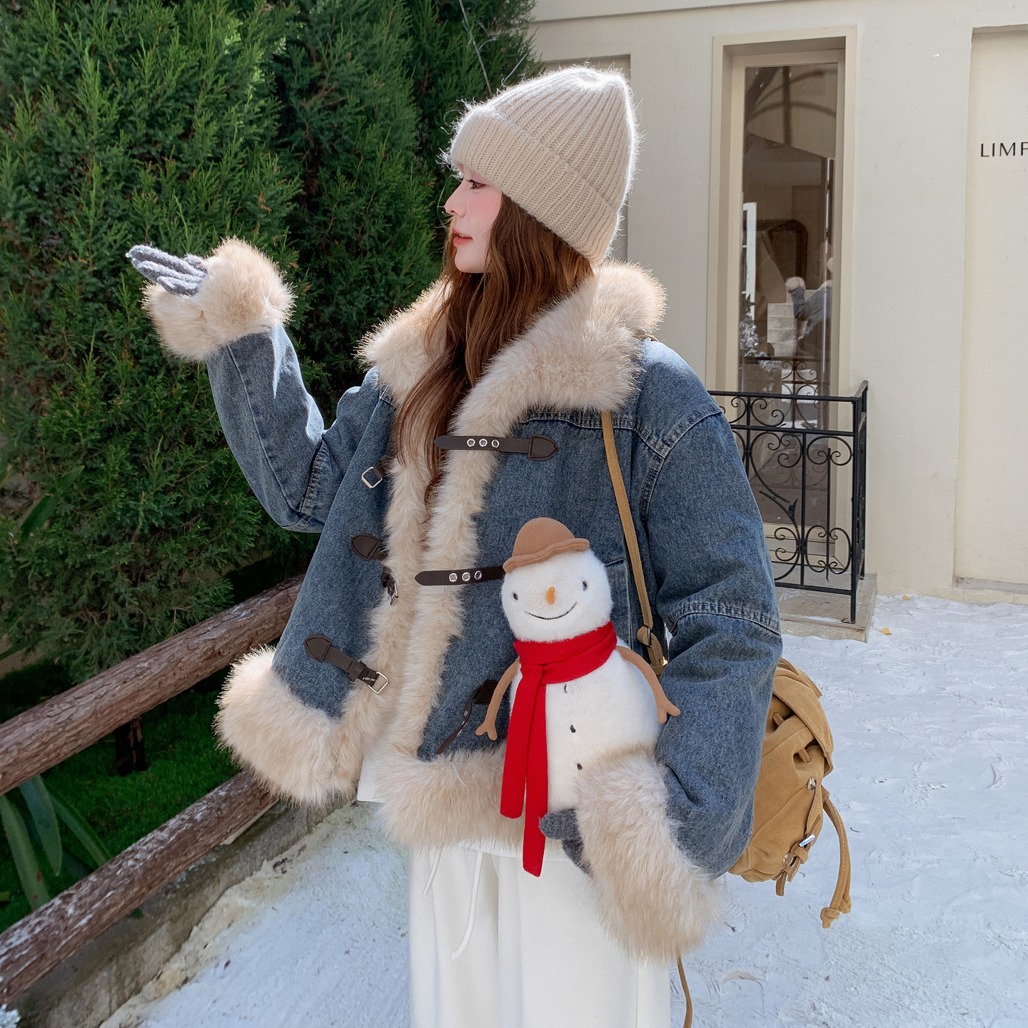 现货-牛仔拼接大毛领皮毛外套306-AW182-p195-k288，女装皮草，浙宝306