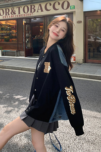 牛仔拼接黑色棒球服外套女2025春秋新款美式复古学院风小个子上衣图片