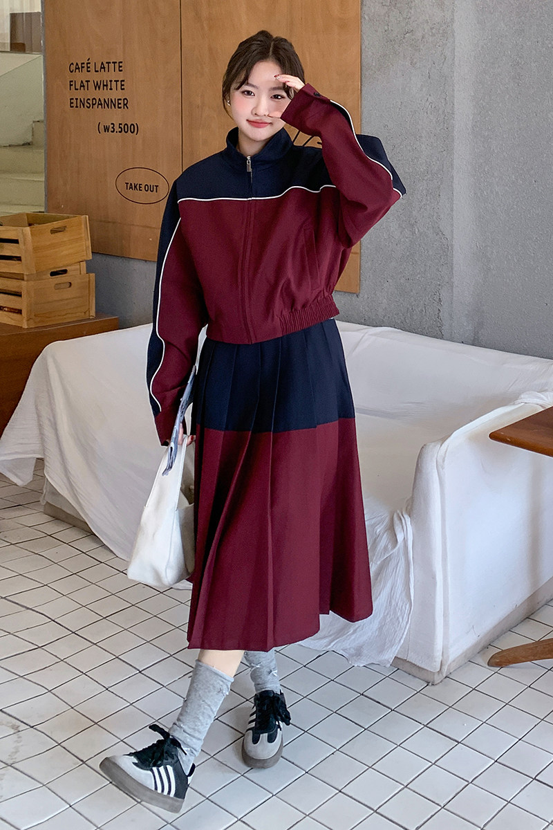 韩系撞色拼接学院风套装裙女2025新款小众别致棒球服半身裙两件套,女装套装/套裙,浙宝290（原306）