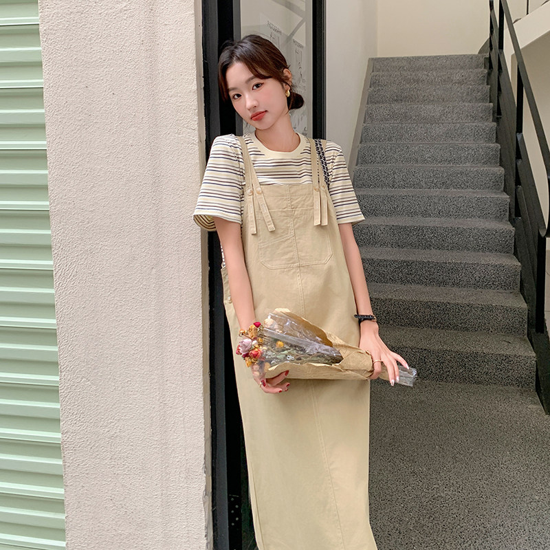 现货-学院风纯棉条纹t工装背带长裙两件套306-69004-p125k188,女装连衣裙,浙宝290（原306）