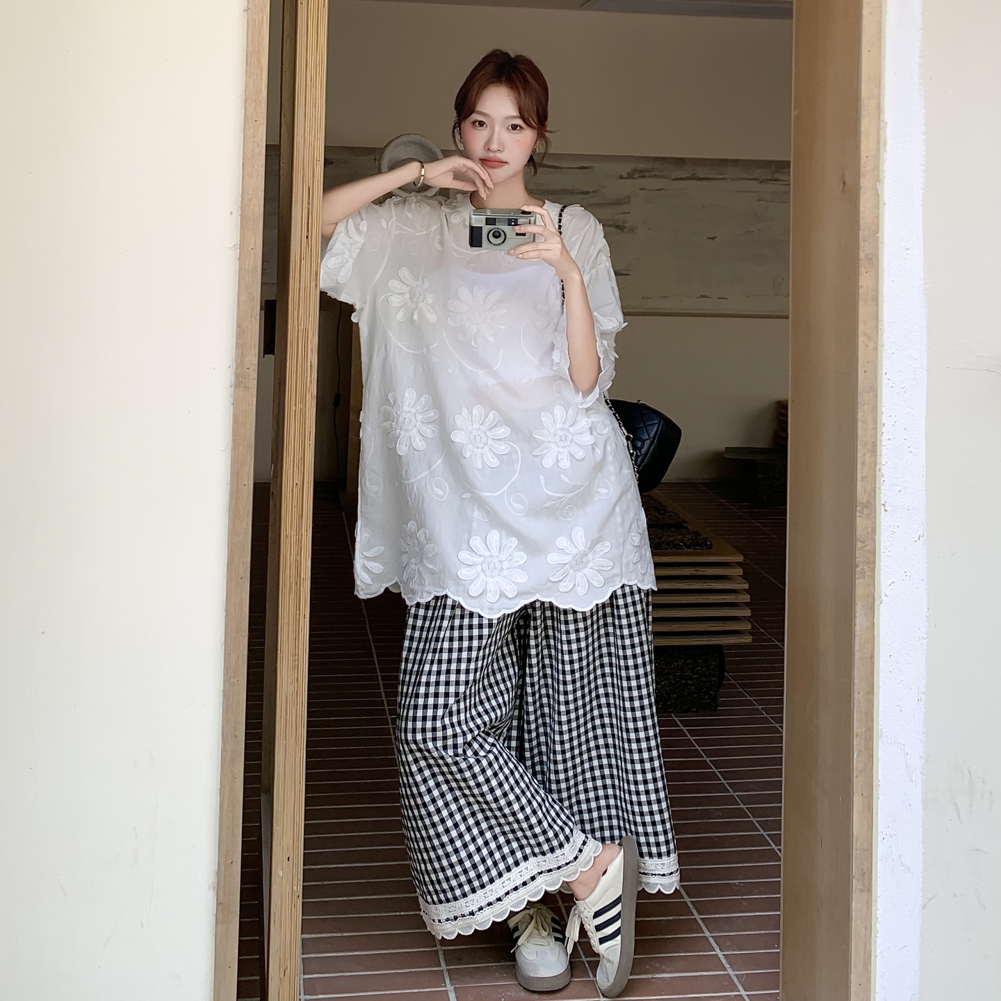 盐甜系穿搭立体绣花上衣套装女夏季新款休闲显瘦格子阔腿裤两件套，女装套装/套裙，浙宝306