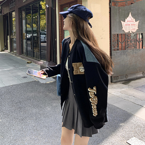牛仔拼接黑色棒球服外套女2025春秋新款美式复古学院风小个子上衣