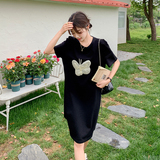 设计款休闲蝴蝶印花T恤裙女夏季2024新款黑色赫本风泡泡袖连衣裙，女装连衣裙，浙宝306